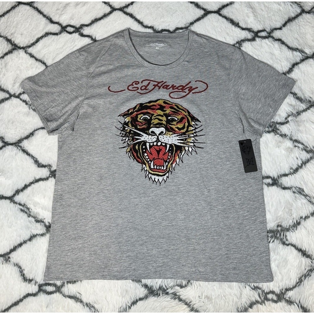 ED HARDY Rhinestone Retro Tiger Graphic T-Shirt Gray Men's Size XL *NEW* $85 - Picture 2 of 6